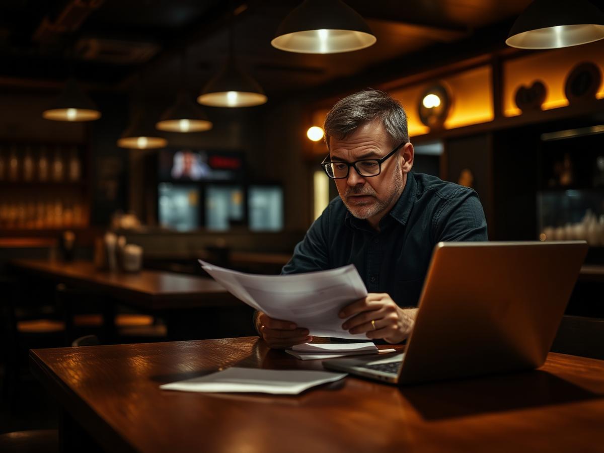 Operator reviewing financials at a wooden bar